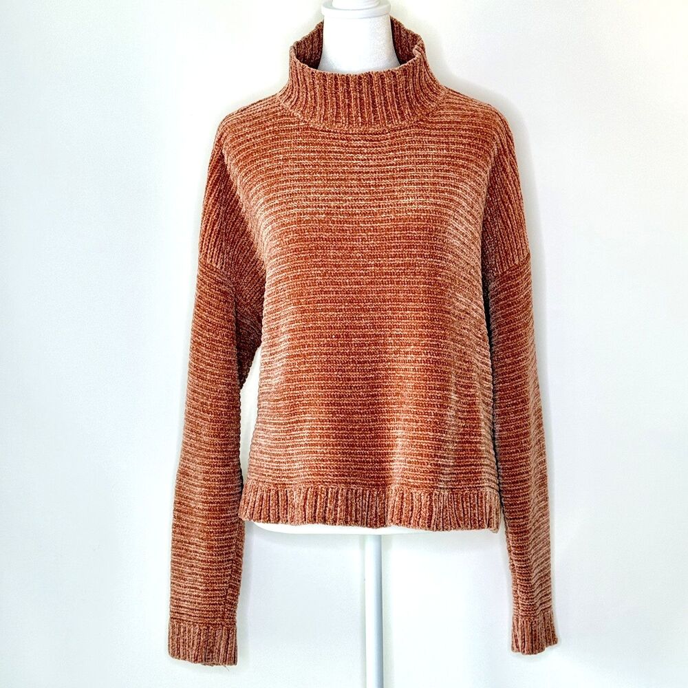 FOREVER 21 Pullover Sweater Womens L Salmon Pink Chenille Ribbed Cropped Casual